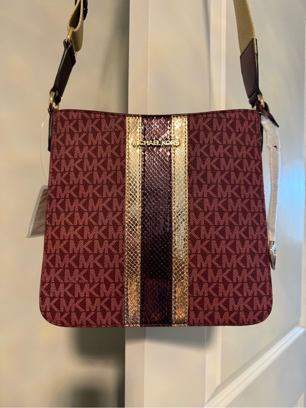 Michael Kors Wine Logo Crossbody with Gold Stripe